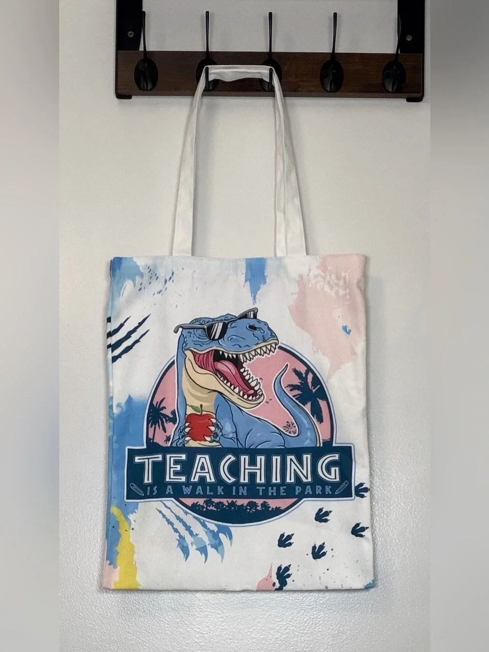 Teaching Dino Graphic Tote Bag in Blue, Pink, White